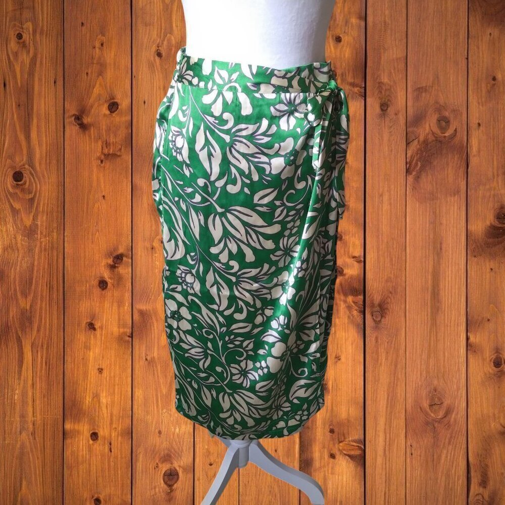 Japna Size Large Green Floral Faux Wrap Skirt With Back Elastic Side Tie Beach